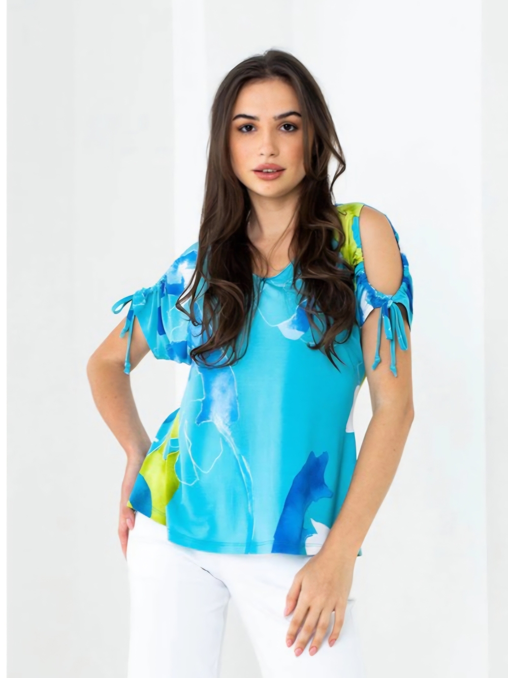 2- Cold-Shoulder Tie-Sleeve Floral Print Blouse